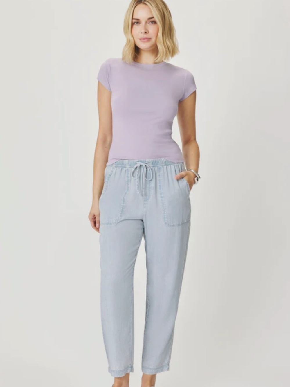 Splendid Angie Bleached Indigo Straight Leg pant W/ Drawstring Waist Sz Large - Picture 2 of 10
